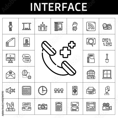 interface icon set. line icon style. interface related icons such as calculator, video player, printer, shovel, video camera, mute, clock, mailing, photo camera, artificial intelligence