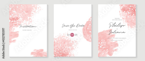 Luxury wedding invitation card vector. Invite cover design with watercolor blush and gold line texture.