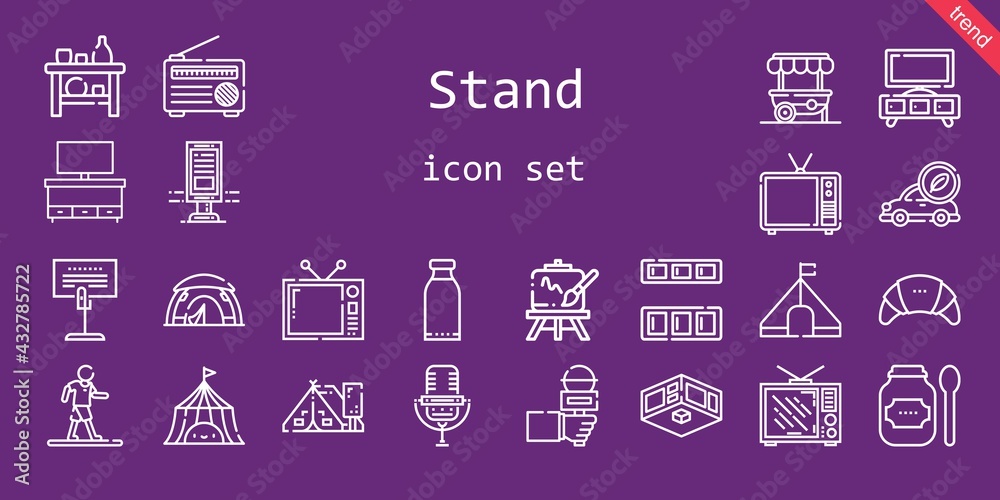 stand icon set. line icon style. stand related icons such as exhibition, tent, easel, television, holder, billboard, cupboard, products, shelf, radio, electric car, food stand, walking, microphone stand icon set. line icon style. stand related icons such as exhibition, tent, easel, television, holder, billboard, cupboard, products, shelf, radio, electric car, food stand, walking, microphone