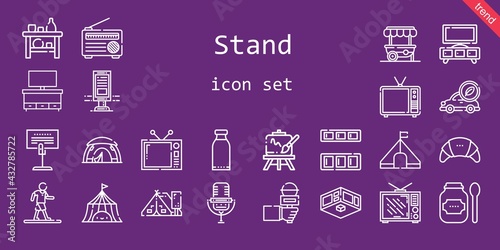 stand icon set. line icon style. stand related icons such as exhibition, tent, easel, television, holder, billboard, cupboard, products, shelf, radio, electric car, food stand, walking, microphone