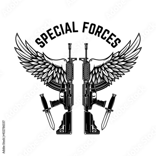 Special forces. ar-15 assault rifles with wings. Design element for logo, label, sign, emblem. Vector illustration