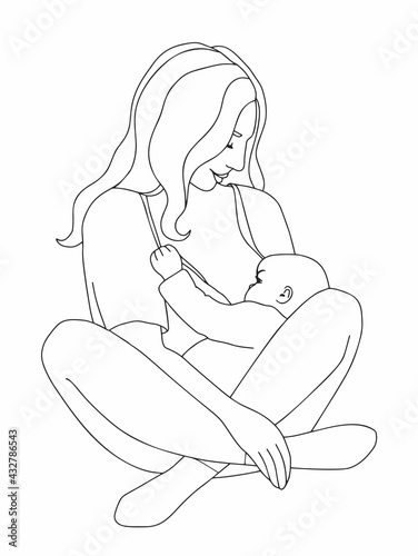 woman is breastfeeding her newborn baby.  vector outline illustration.