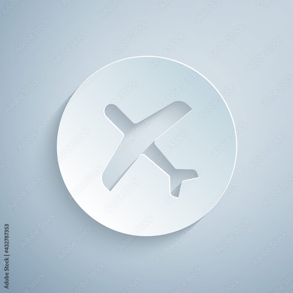 Paper cut Plane icon isolated on grey background. Flying airplane icon. Airliner sign. Paper art style. Vector Paper cut Plane icon isolated on grey background. Flying airplane icon. Airliner sign. Paper art style. Vector