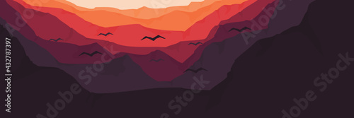 sunrise in the mountain cliff with forest tree vector flat design illustration for wallpaper, background, banner, and template