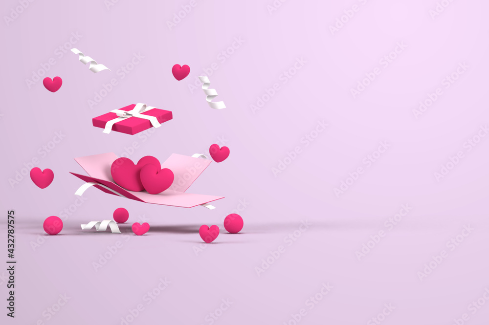Giveaway with open gift box and 3d love concept with empty space for text on. 3D rendering.