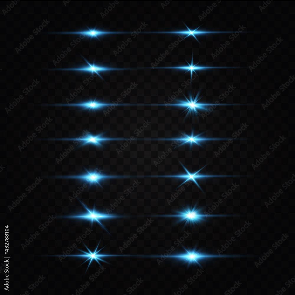 Bright particles, burning blue lights, stars, lasers. Vector.