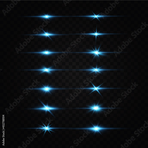 Bright particles, burning blue lights, stars, lasers. Vector.