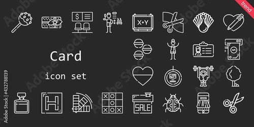 card icon set. line icon style. card related icons such as payment method, shower, monkey, woman, color, tree, ladybug, macarons, heart, cake pop, scissors, id card, sale, bank, money, turkey