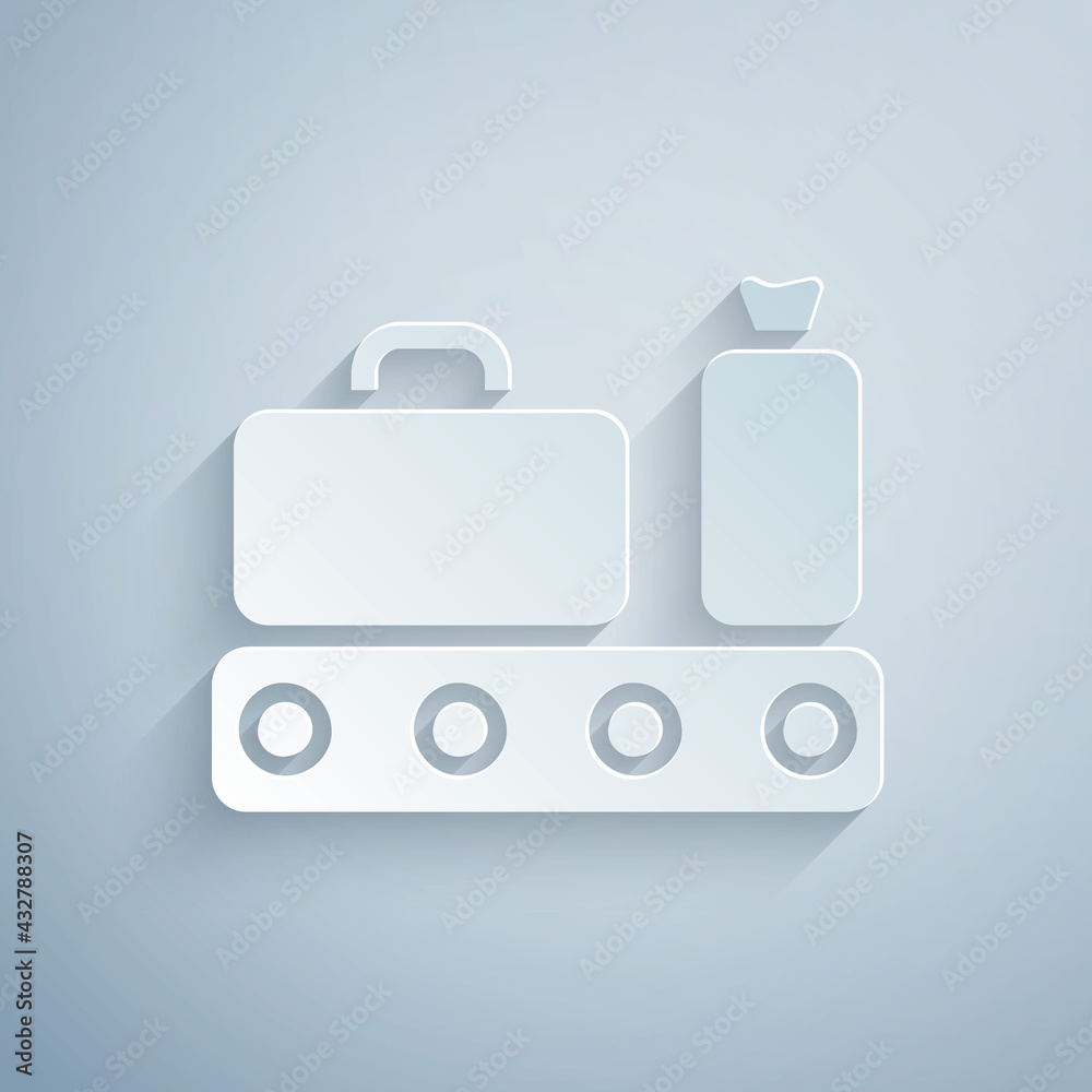 Paper cut Airport conveyor belt with passenger luggage, suitcase, bag, baggage icon isolated on grey background. Paper art style. Vector