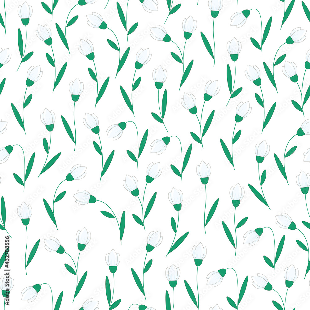Vector seamless pattern with white snowdrop flowers. Botanical background with snowdrops.