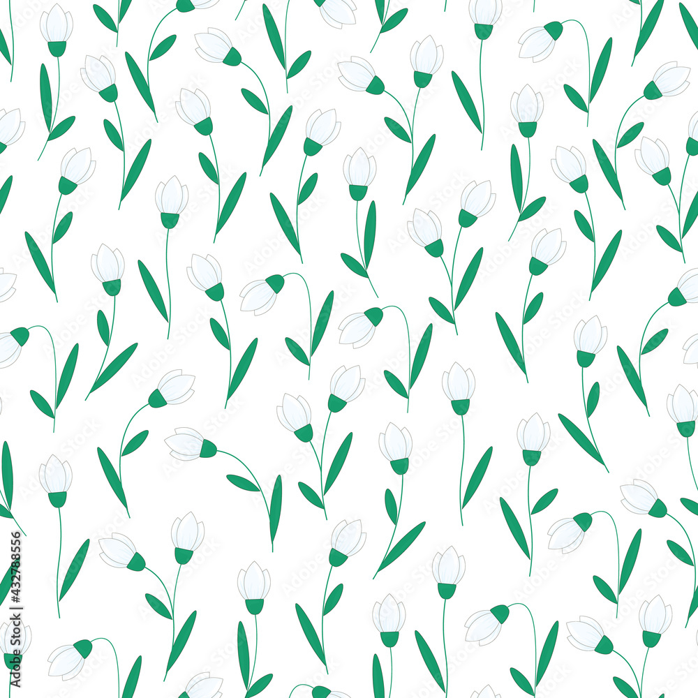 Vector seamless pattern with white snowdrop flowers. Botanical background with snowdrops. Vector seamless pattern with white snowdrop flowers. Botanical background with snowdrops.