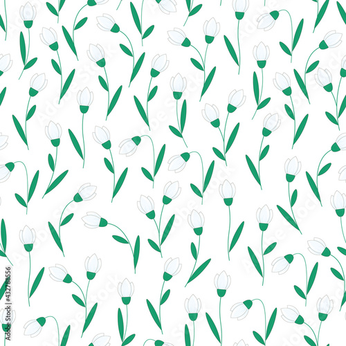 Vector seamless pattern with white snowdrop flowers. Botanical background with snowdrops.