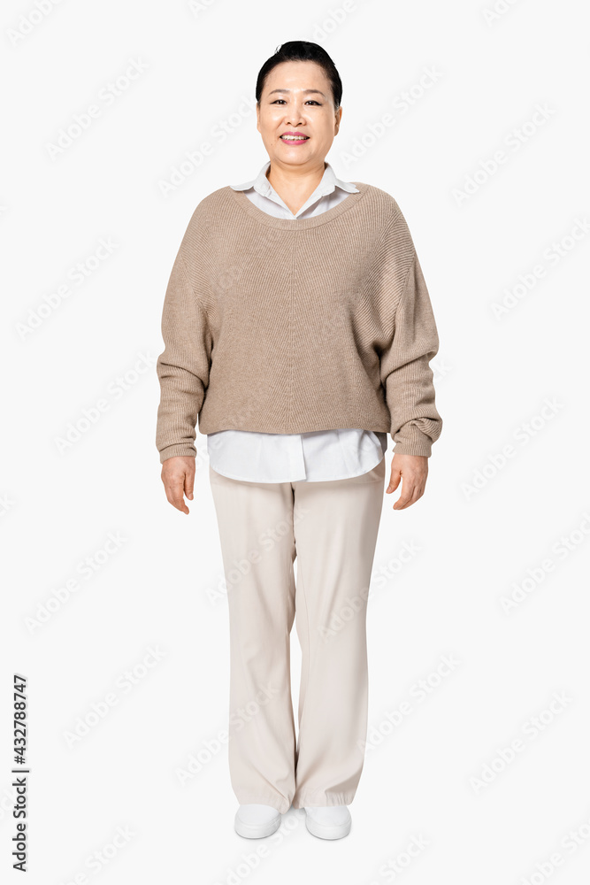 Fototapeta premium Women's oversized brown sweater casual apparel with design space full body