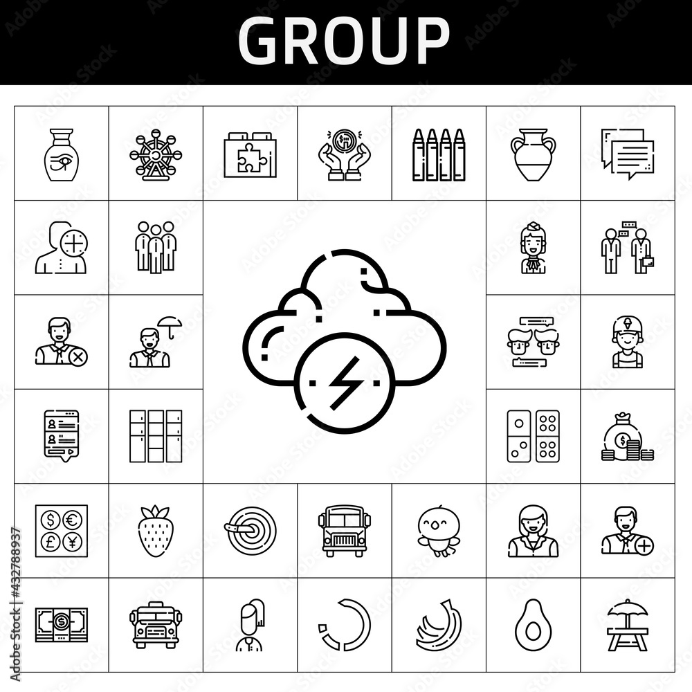group icon set. line icon style. group related icons such as woman, rest area, bananas, vase, employee, locker, reload, bird, web plugin, domino, conversation, group, banana