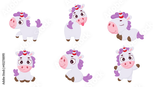 Set of funny magic unicorn with different poses. Cute magical unicorn cartoon character for print  cards  baby shower  invitation  wallpapers  decor. Bright colored childish stock vector illustration
