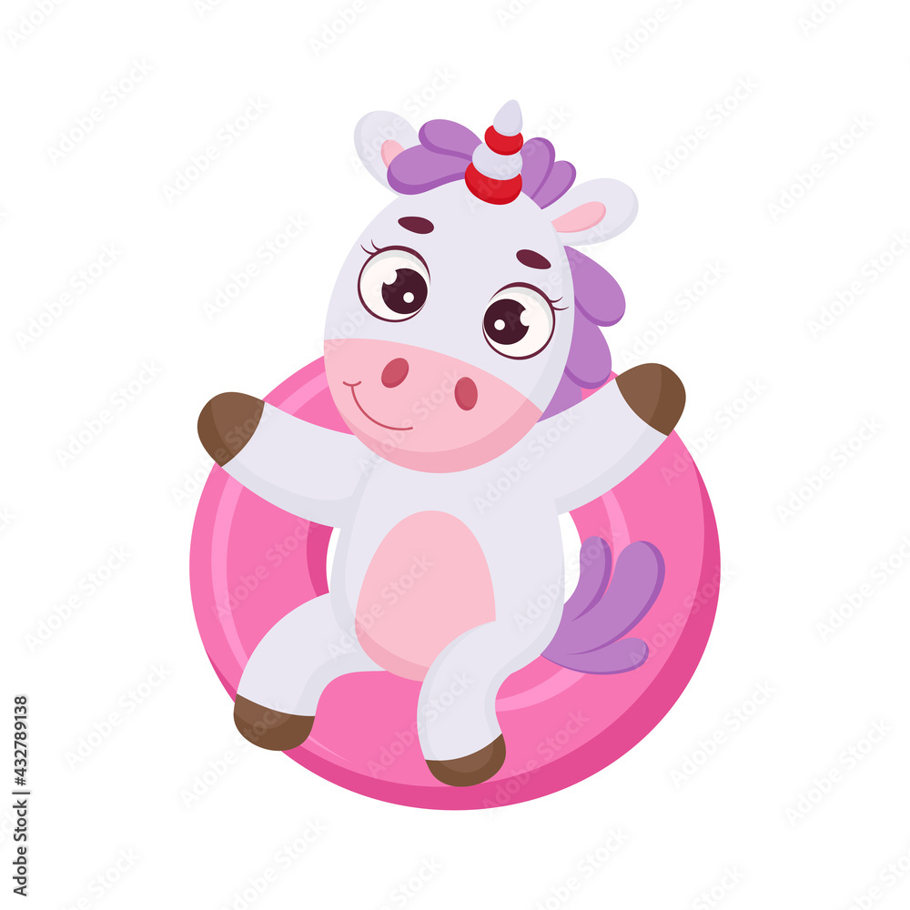 Cute magical unicorn floats on pink circle. Funny magic unicorn cartoon character for print, cards, baby shower, invitation, wallpapers, decor. Bright colored childish stock vector illustration. Cute magical unicorn floats on pink circle. Funny magic unicorn cartoon character for print, cards, baby shower, invitation, wallpapers, decor. Bright colored childish stock vector illustration.