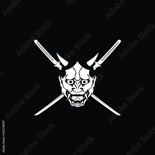 katana and mask samurai logo vector vintage template illustration design . japanese armour mask and katana sword for samurai logo concept template emblem illustration design