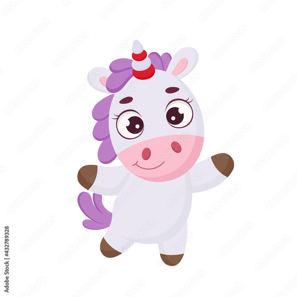 Funny magic unicorn. Cute magical unicorn cartoon character for print, cards, baby shower, invitation, wallpapers, decor. Bright colored childish stock vector illustration.