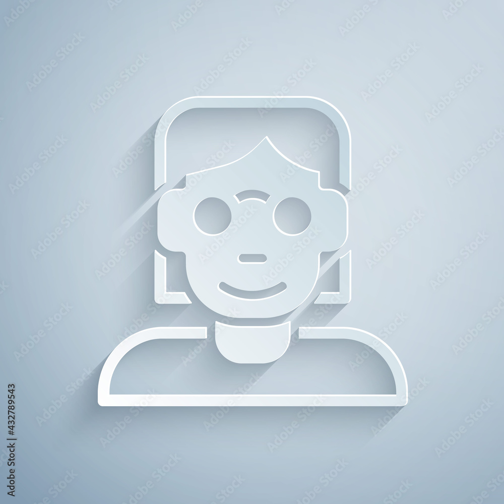 Paper cut Hacker or coder icon isolated on grey background. Programmer developer working on code, coding, testing, debugging, analysing. Paper art style. Vector Paper cut Hacker or coder icon isolated on grey background. Programmer developer working on code, coding, testing, debugging, analysing. Paper art style. Vector