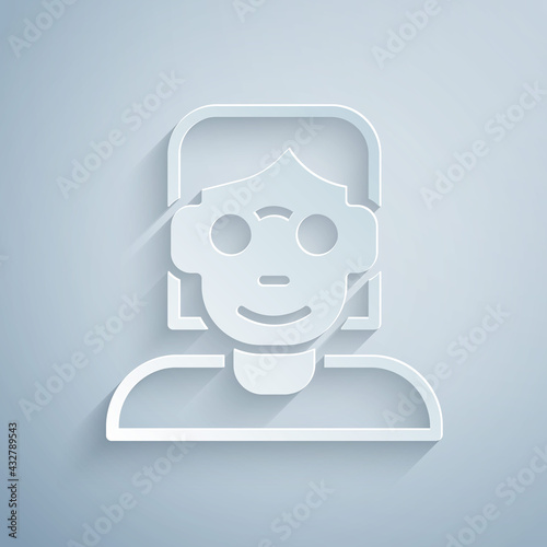 Paper cut Hacker or coder icon isolated on grey background. Programmer developer working on code, coding, testing, debugging, analysing. Paper art style. Vector