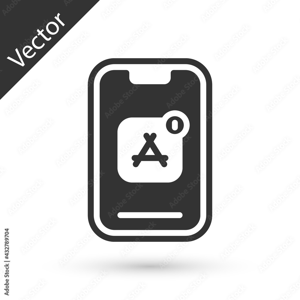 Grey Mobile Apps icon isolated on white background. Smartphone with screen icons, applications. mobile phone showing screen. Vector