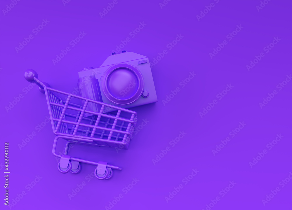 Digital Camera inside Shopping Cart, 3D Rendering isolated on Color Background Digital Camera inside Shopping Cart, 3D Rendering isolated on Color Background