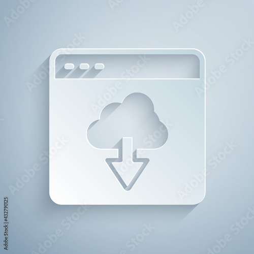 Paper cut Cloud technology data transfer and storage icon isolated on grey background. Paper art style. Vector