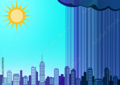 局地的豪雨に見舞われる都市　ベクターイラスト　背景　天気　異常気象