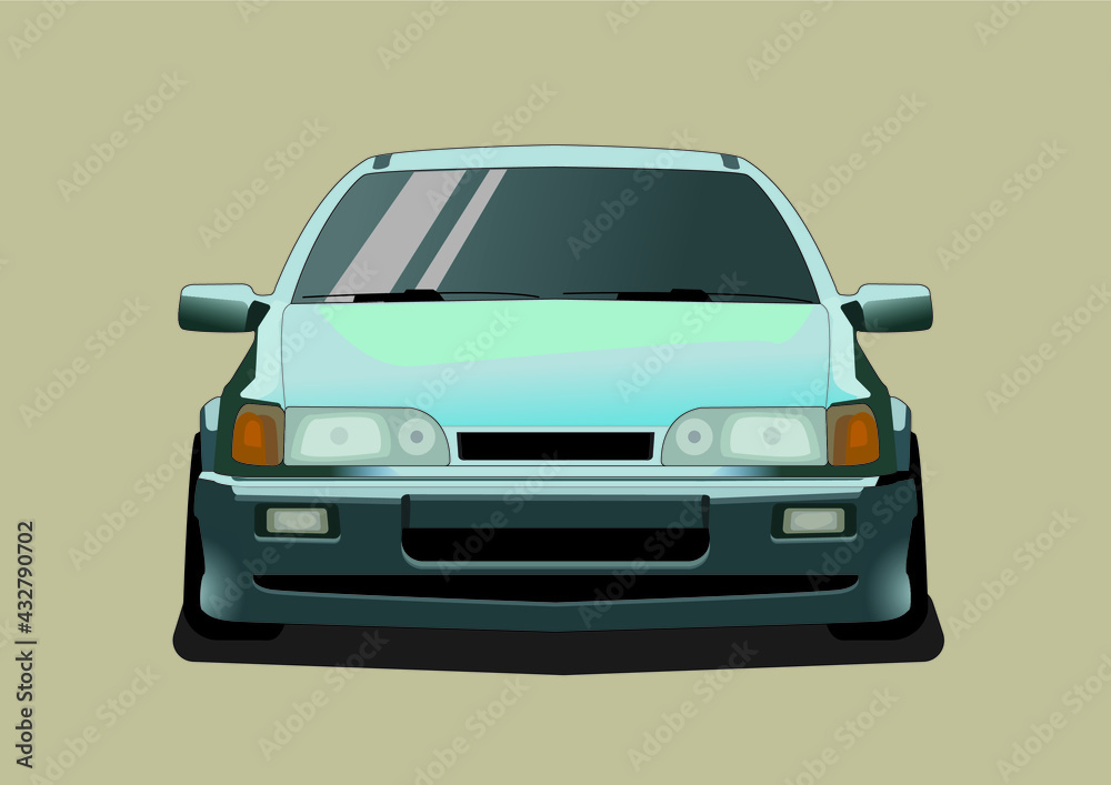 Tuned old car from 90s 1990 blue front view. Vector illustration. Brown background