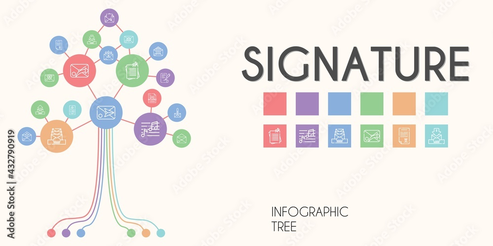 signature vector infographic tree. line icon style. signature related icons such as note, notes, contract, email, wedding contract signature vector infographic tree. line icon style. signature related icons such as note, notes, contract, email, wedding contract