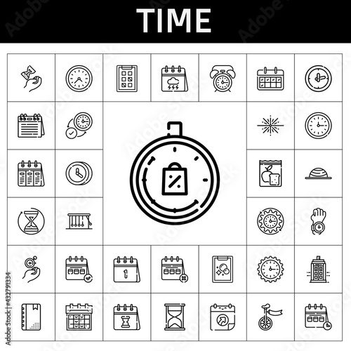 time icon set. line icon style. time related icons such as calendar, police box, alarm clock, limited time, wall clock, clock, big bang, agenda, newtons cradle, meal photo