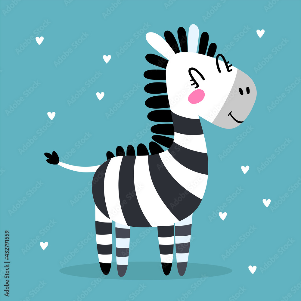 Cute baby zebra in flat cartoon style. Funny black and white hand-drawn  horse. Vector illustration for print, children's book, poster, fabric.  Stock Vector | Adobe Stock