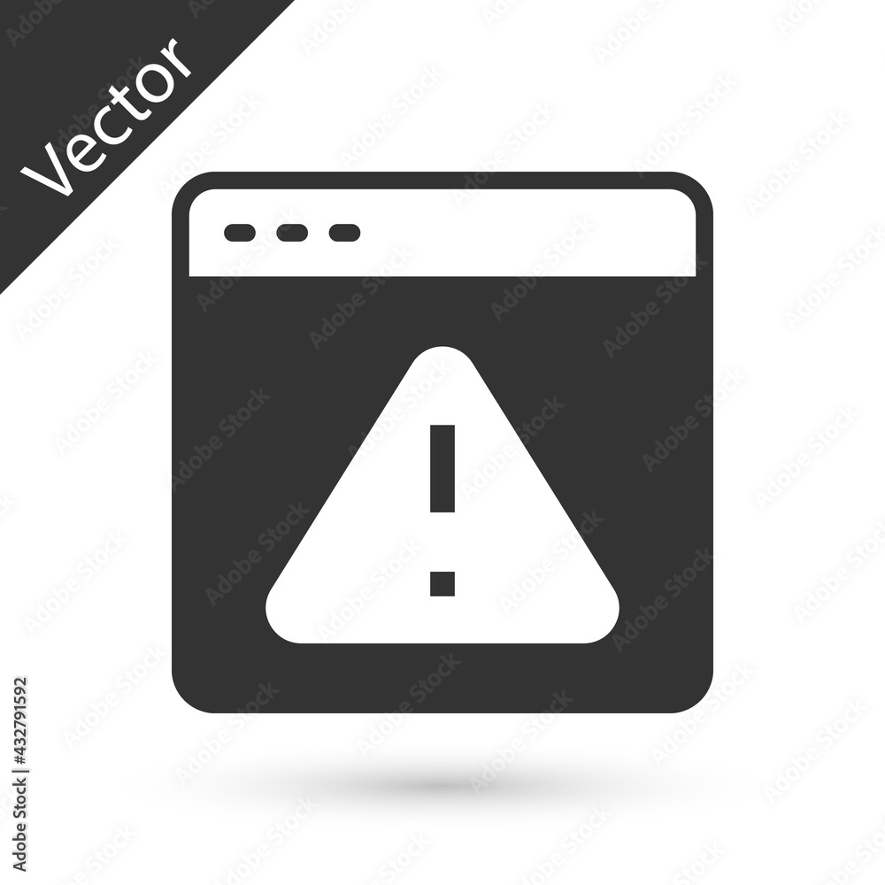 Grey Browser with exclamation mark icon isolated on white background. Alert message smartphone notification. Vector Grey Browser with exclamation mark icon isolated on white background. Alert message smartphone notification. Vector