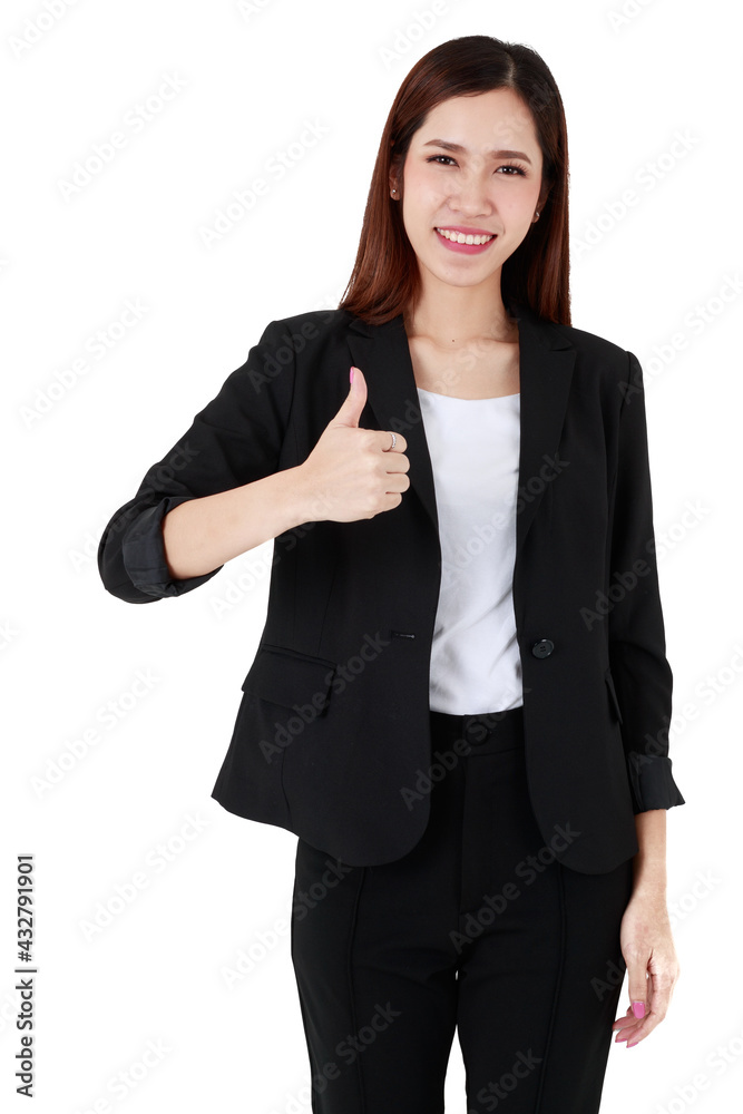Portrait of an asian beautiful business working woman with long hair wearing formal black suit, smiling with confidence, making hand gesture of great thump up with isolated white background cutout. Portrait of an asian beautiful business working woman with long hair wearing formal black suit, smiling with confidence, making hand gesture of great thump up with isolated white background cutout.