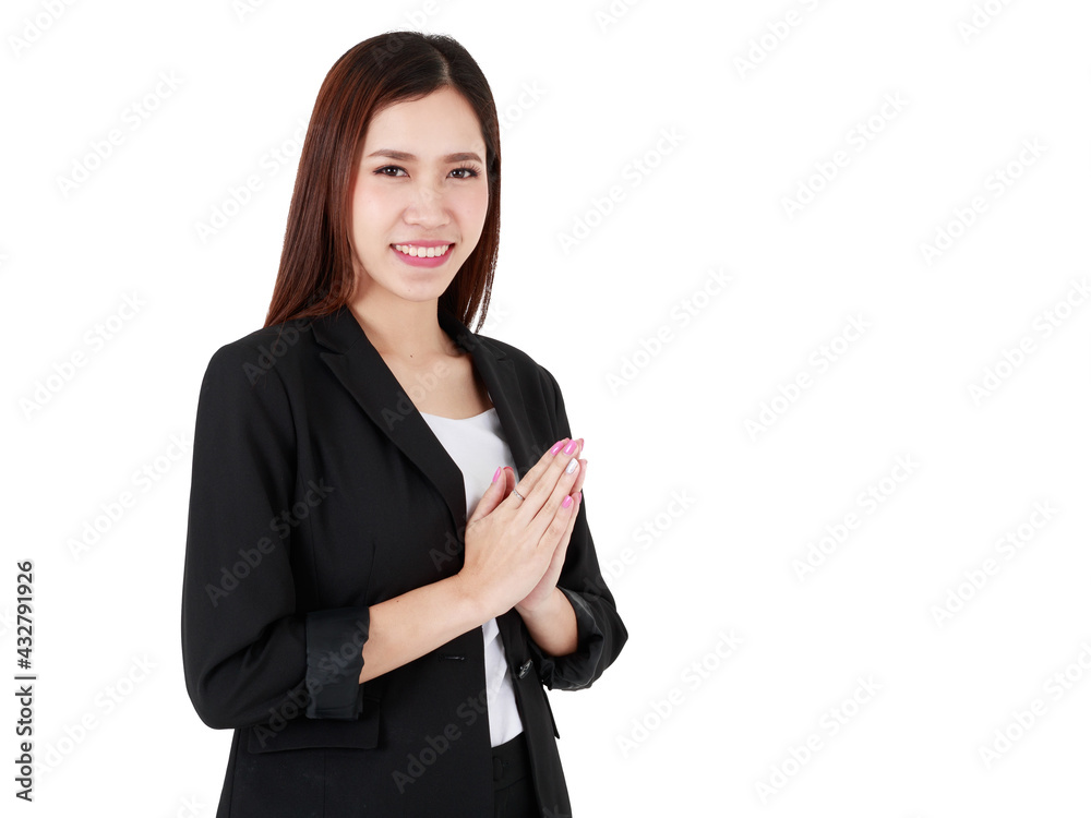 Asian beautiful business working woman with long hair wearing formal suit, confidently smiling, doing gesture of paying respect or greeting with isolated white background cutout and blank copy space. Asian beautiful business working woman with long hair wearing formal suit, confidently smiling, doing gesture of paying respect or greeting with isolated white background cutout and blank copy space.