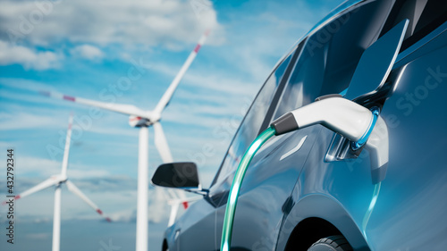 Car charging on the background of a windmills. Charging electric car. Electric car charging on wind turbines background. Vehicles using renewable energy. 3d render