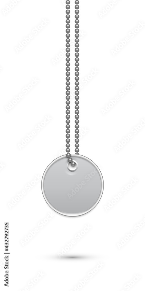 Empty round silver military or dogs badge hanging on steel chain. Vector army object isolated on white background. Pendant with blank space for identification, blood type in case of death and injury. Empty round silver military or dogs badge hanging on steel chain. Vector army object isolated on white background. Pendant with blank space for identification, blood type in case of death and injury.