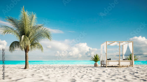 Lounge bed on the coast of a tropical resort. Luxury beach resort with canopy and palm tree. 3d illustration photo