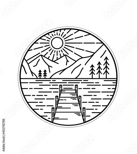 vector design of a wooden pier on a lake against a mountainous backdrop