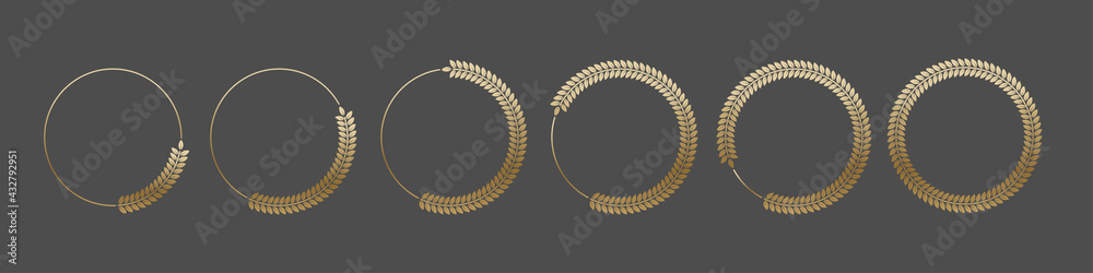 Golden laurel wreath round frame set. Gold rings with leaves, circle award logo or emblem vector illustration. Roman circular badge for anniversary, wedding, award isolated on gray background Golden laurel wreath round frame set. Gold rings with leaves, circle award logo or emblem vector illustration. Roman circular badge for anniversary, wedding, award isolated on gray background