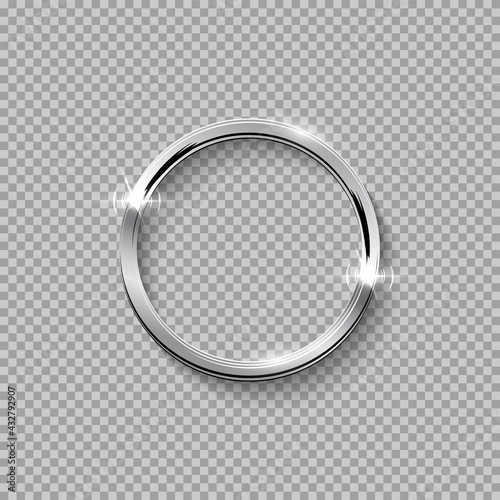 Silver round frame for picture on transparent background. Blank space for picture, painting, card or photo. 3d realistic modern circle template vector illustration. Simple chrome object mockup