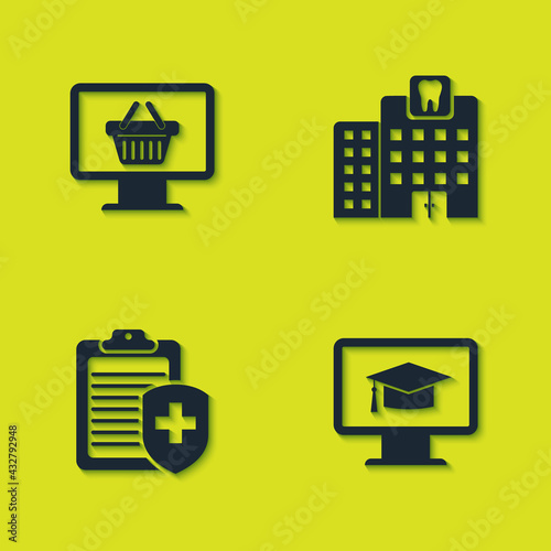Set Monitor with shopping basket, graduation cap, Clipboard medical insurance and Dental clinic icon. Vector