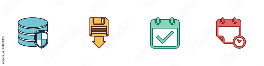 Set Database protection, Floppy disk backup, Calendar with check mark and and clock icon. Vector Set Database protection, Floppy disk backup, Calendar with check mark and and clock icon. Vector