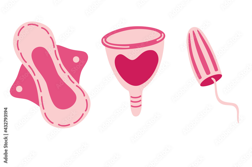 Feminine hygiene items collection. Menstrual cup, woman pads and tampons. Feminine hygiene. Flat vector illustration. Feminine hygiene items collection. Menstrual cup, woman pads and tampons. Feminine hygiene. Flat vector illustration.