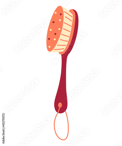 Massage brush. Dry Brushing Routine. Anti Cellulite Massage. Dry Brush Home Spa Massage. Scrubbing skin with natural wooden Brush to stimulate blood circulation.  Vector Illustration.