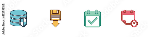 Set Database protection, Floppy disk backup, Calendar with check mark and and clock icon. Vector