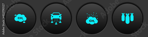 Set Methane emissions reduction, Car sharing, and Aviation bombs icon. Vector