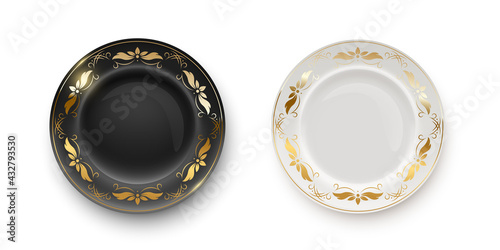 Black and white plates with golden floral pattern on border on transparent background. Empty dishes for dinner, breakfast or lunch vector illustration. Clean dishware with decoration, flat lay