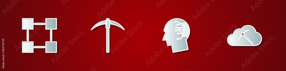 Set Blockchain technology, Pickaxe, Brain as digital circuit board and Cryptocurrency cloud mining icon. Vector Set Blockchain technology, Pickaxe, Brain as digital circuit board and Cryptocurrency cloud mining icon. Vector