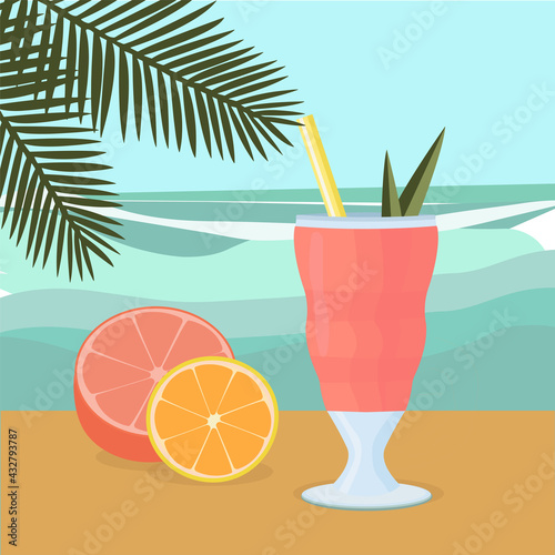Cocktail with straw and fruit on the background of the sea
